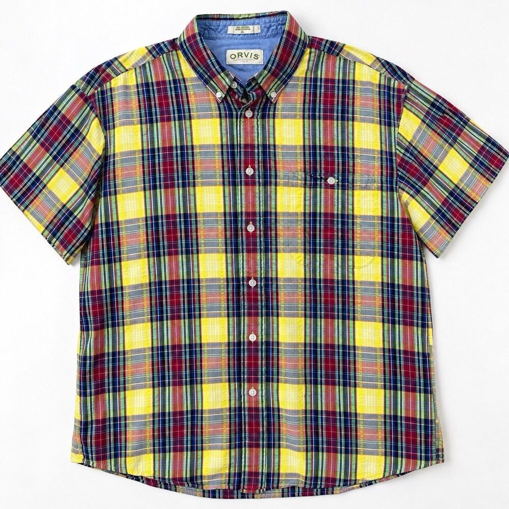Orvis Seersucker Plaid Shirt Yellow Red Blue Short Sleeve Men's XL